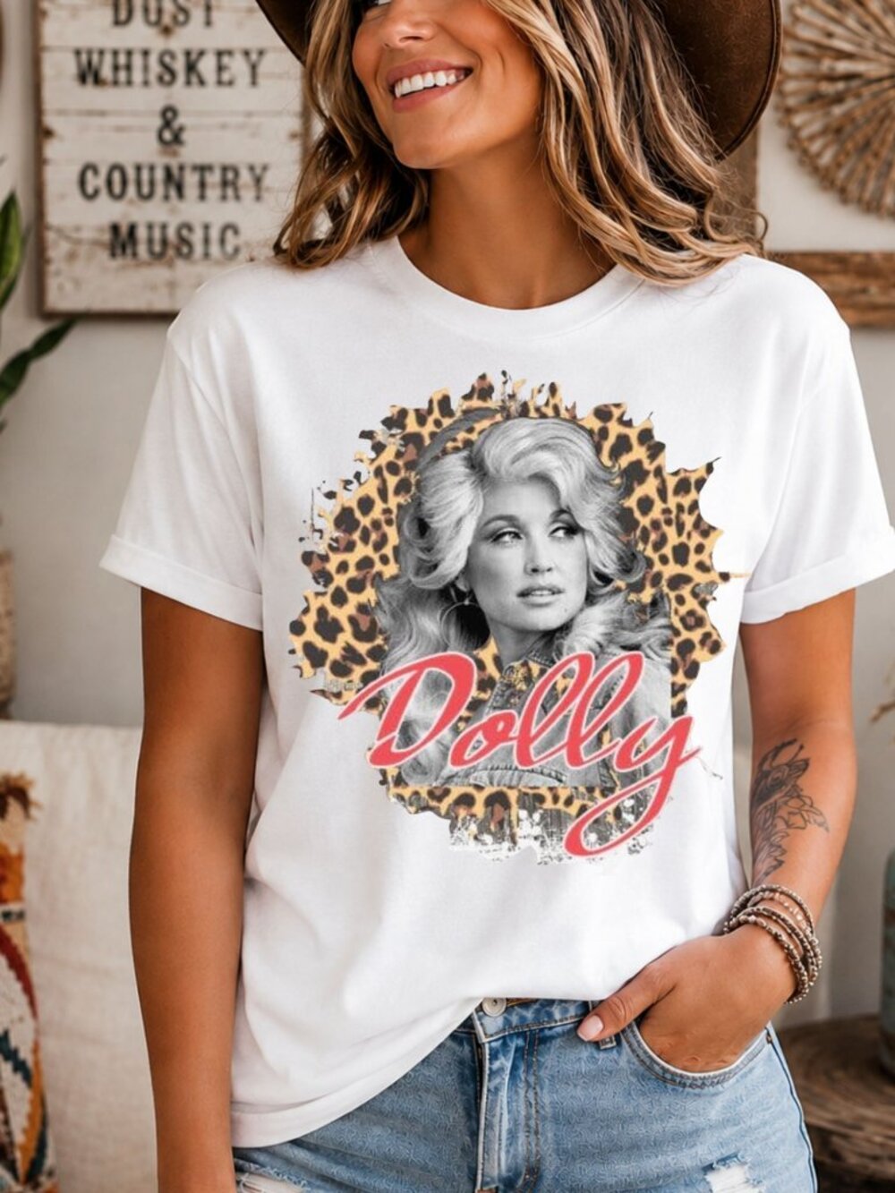 Dolly Parton Graphic Tee Country Western Leopard Print Short Sleeve Tee
